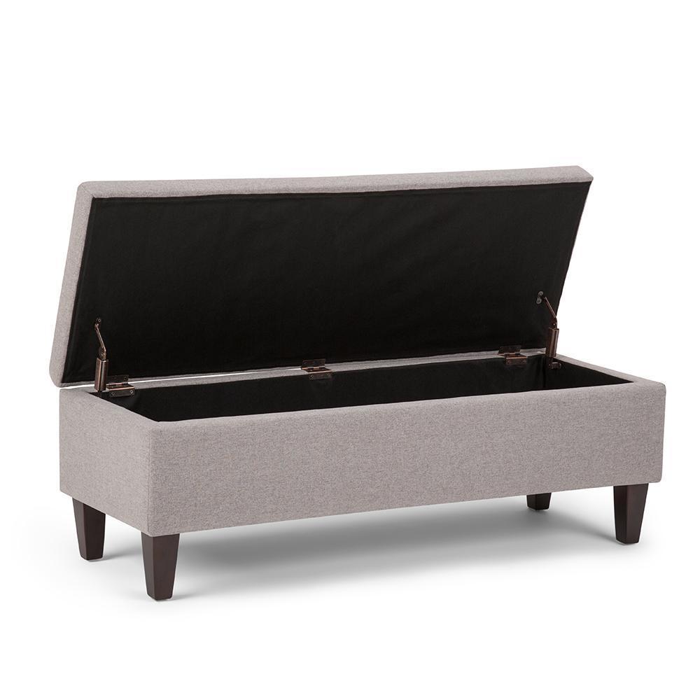 Cloud Grey Linen Style Fabric | Monroe Storage Ottoman in Vegan Leather