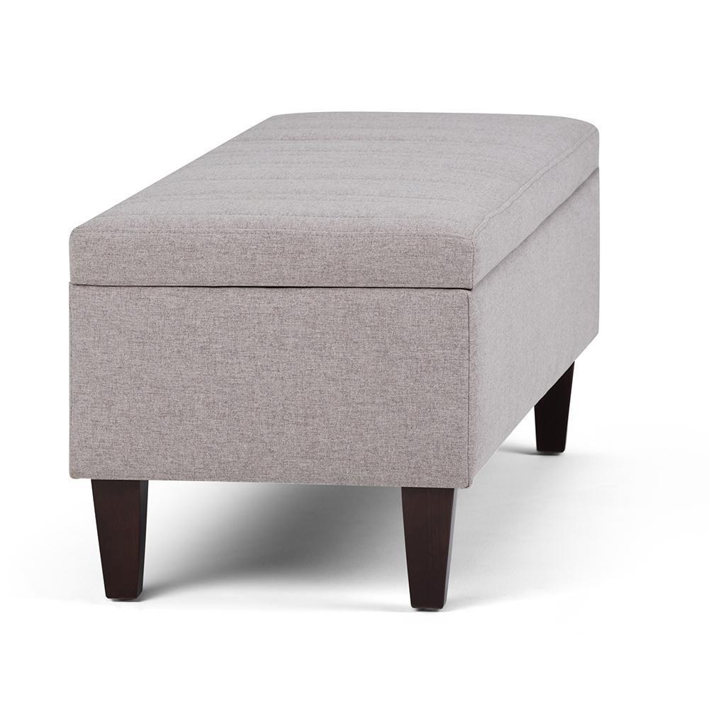 Cloud Grey Linen Style Fabric | Monroe Storage Ottoman in Vegan Leather
