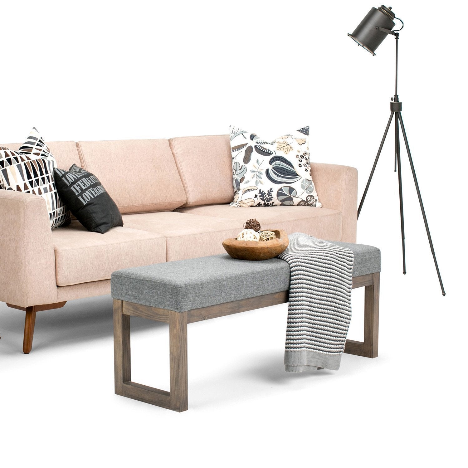 Grey Linen Style Fabric | Milltown 44 inch Large Ottoman Bench in Linen Style Fabric in Grey