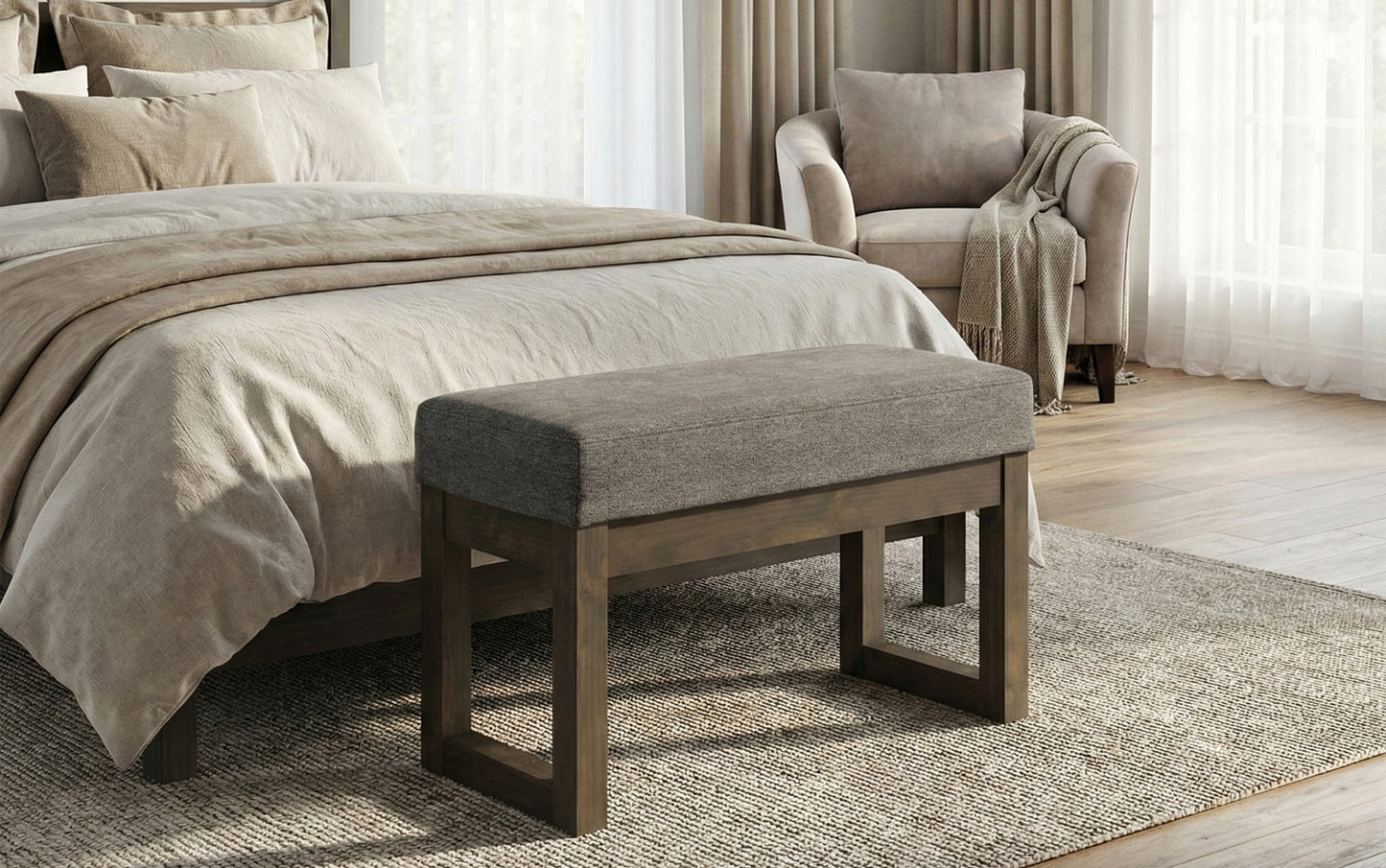 Grey Linen Style Fabric | Milltown Footstool Small Ottoman Bench