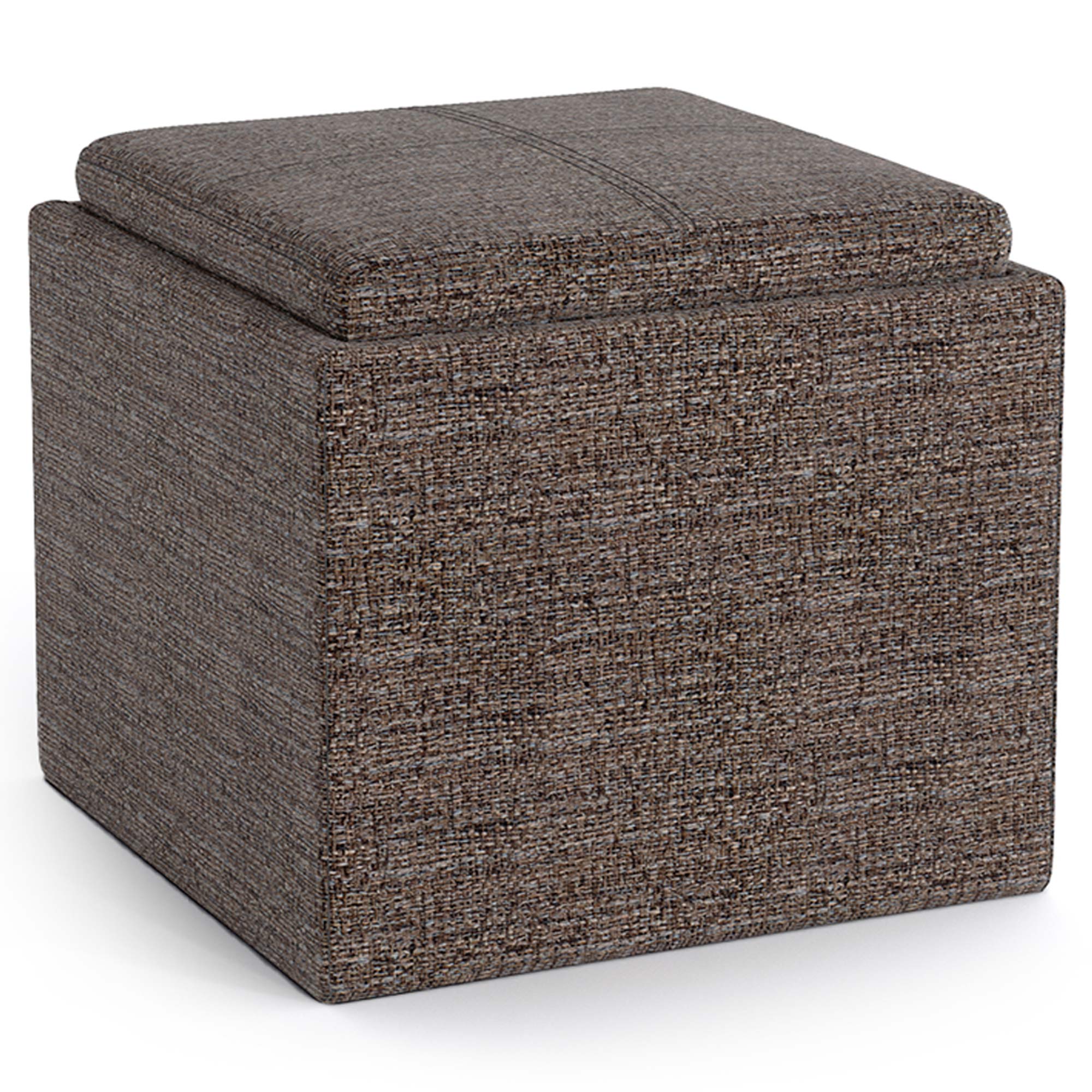 Mink Brown Tweed Style Fabric | Rockwood Vegan Leather Cube Storage Ottoman with Tray