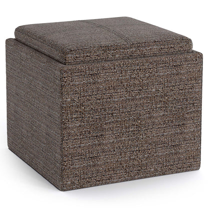 Mink Brown Tweed Style Fabric | Rockwood Vegan Leather Cube Storage Ottoman with Tray