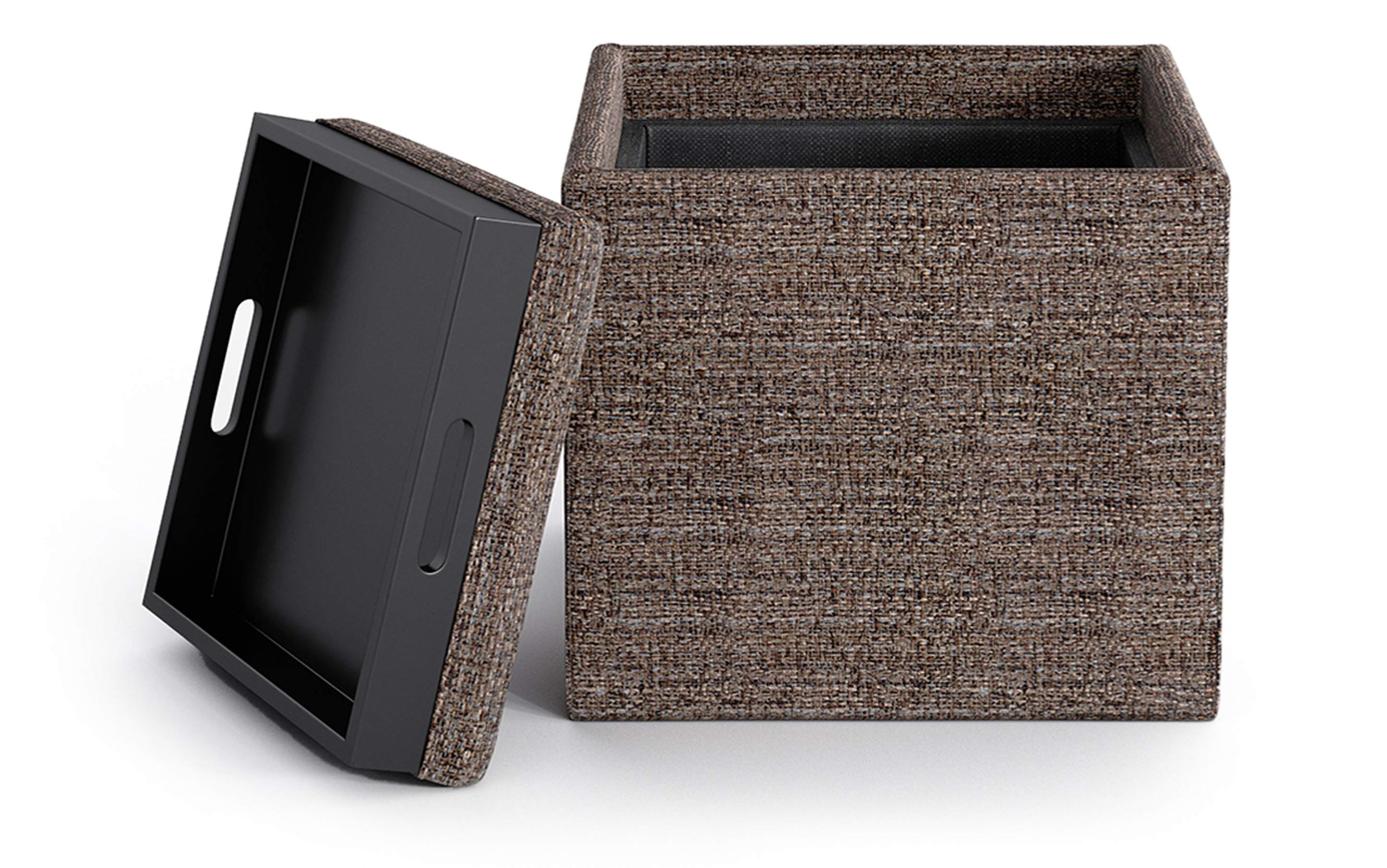 Mink Brown Tweed Style Fabric | Rockwood Vegan Leather Cube Storage Ottoman with Tray