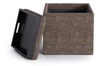 Mink Brown Tweed Style Fabric | Rockwood Vegan Leather Cube Storage Ottoman with Tray