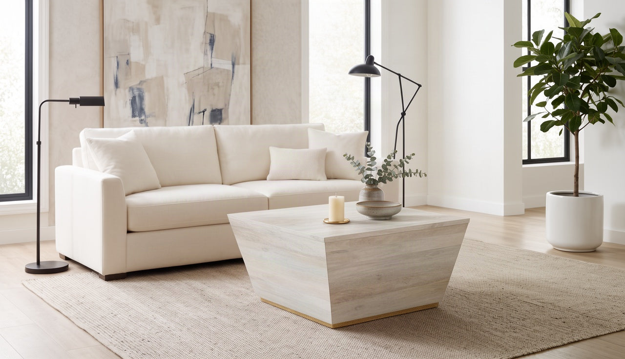 Abba Square Coffee Table in Mango — White in lifestyle setting