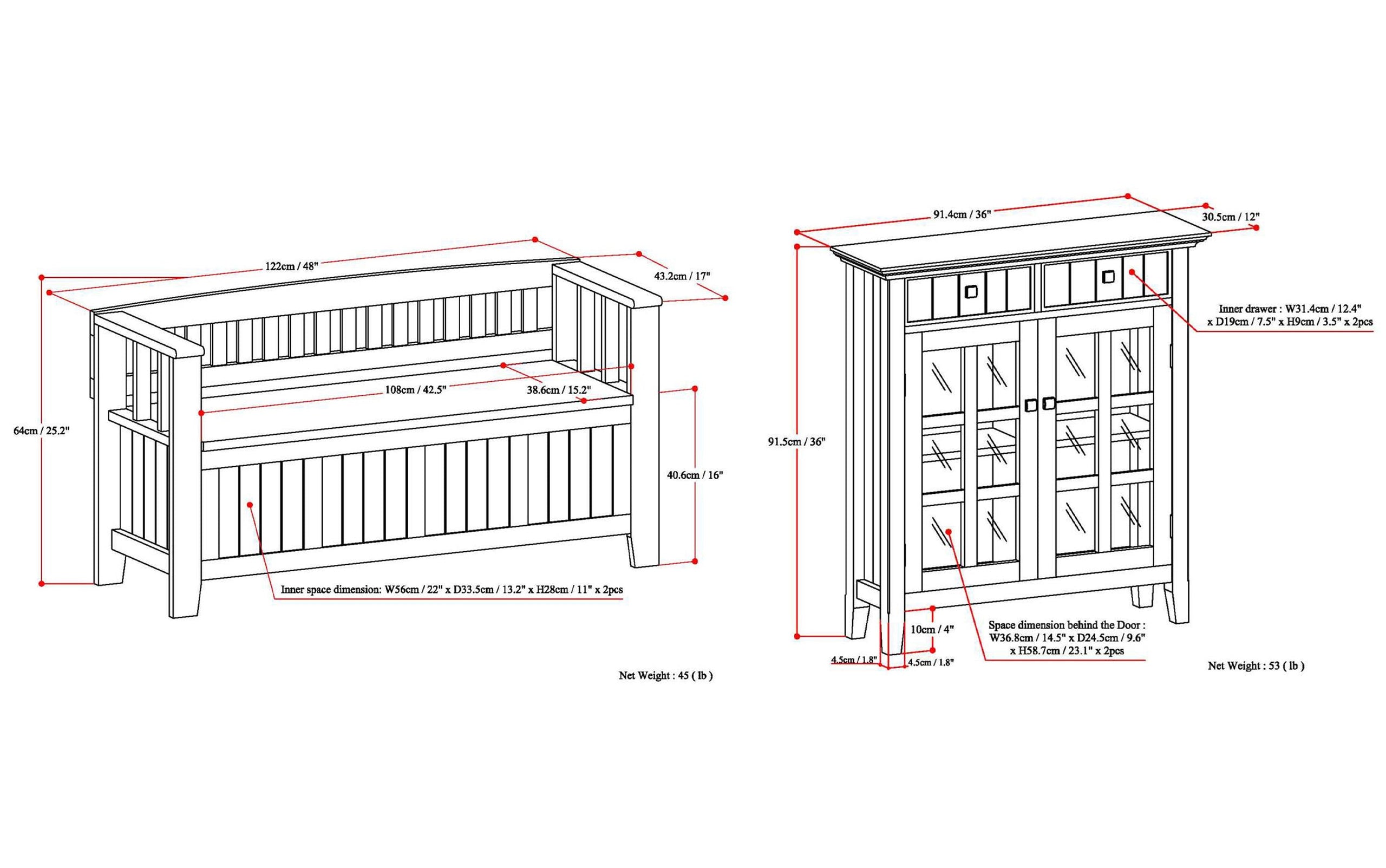 Distressed Grey | Acadian 48-inch Storage Bench and 36-inch Cabinet