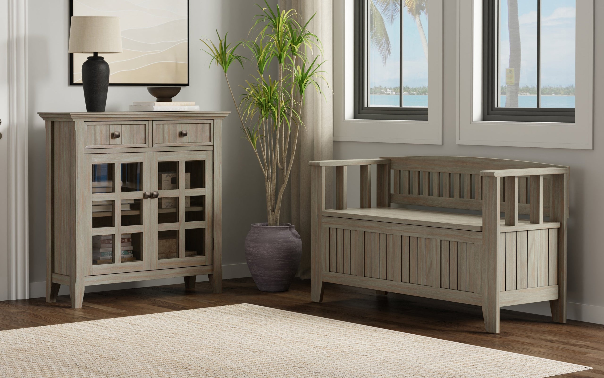 Distressed Grey | Acadian 48-inch Storage Bench and 36-inch Cabinet