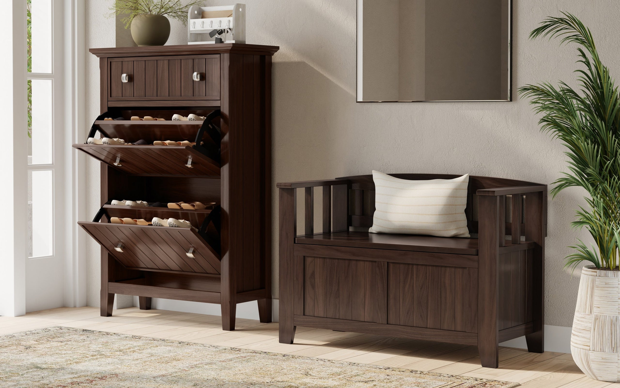 Brunette Brown | Acadian 36-inch Storage Bench and 32-inch Shoe Cabinet
