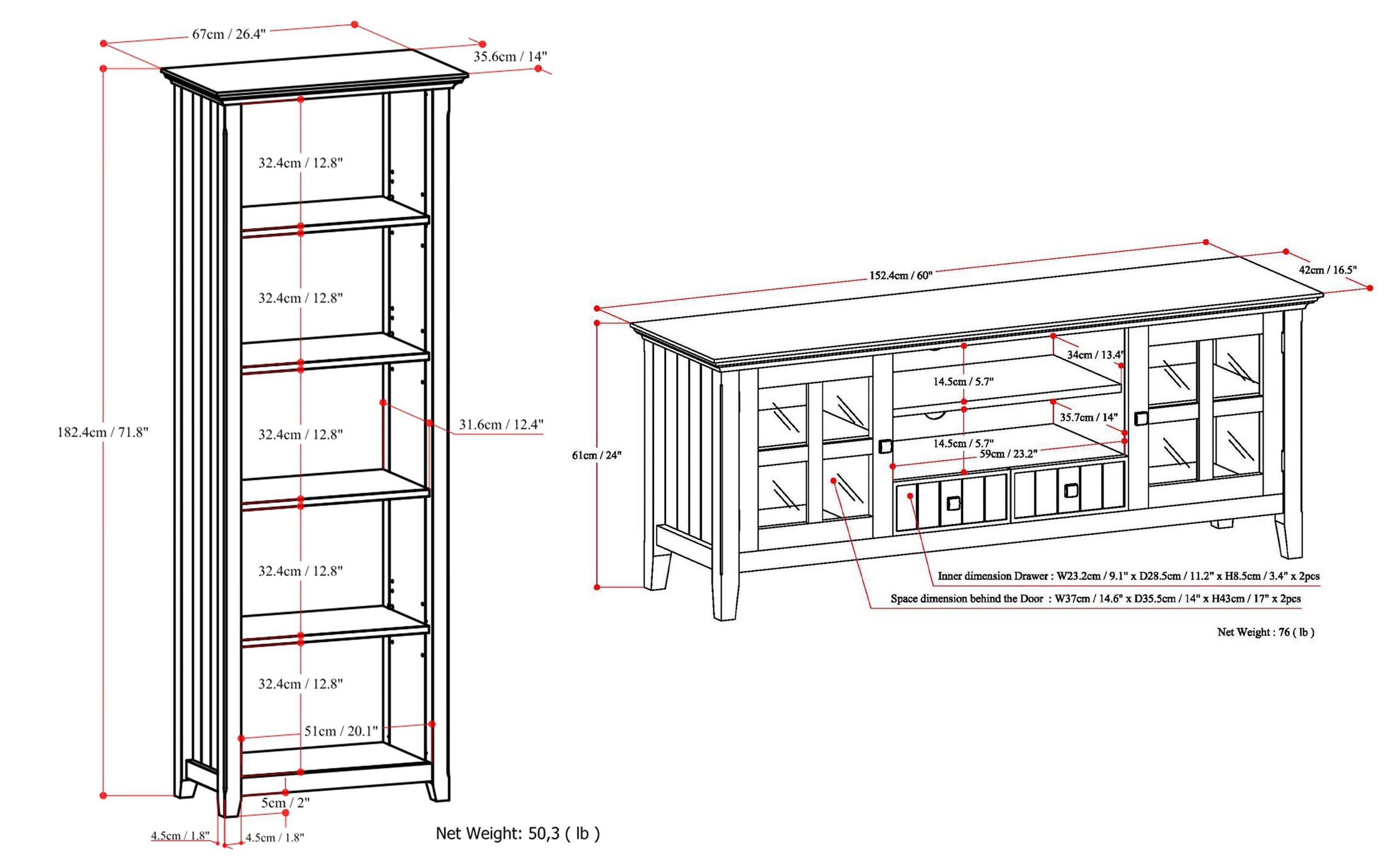 Black | Acadian 60 inch TV Stand with 26 inch 5 Shelf Bookcases (Set of 3)