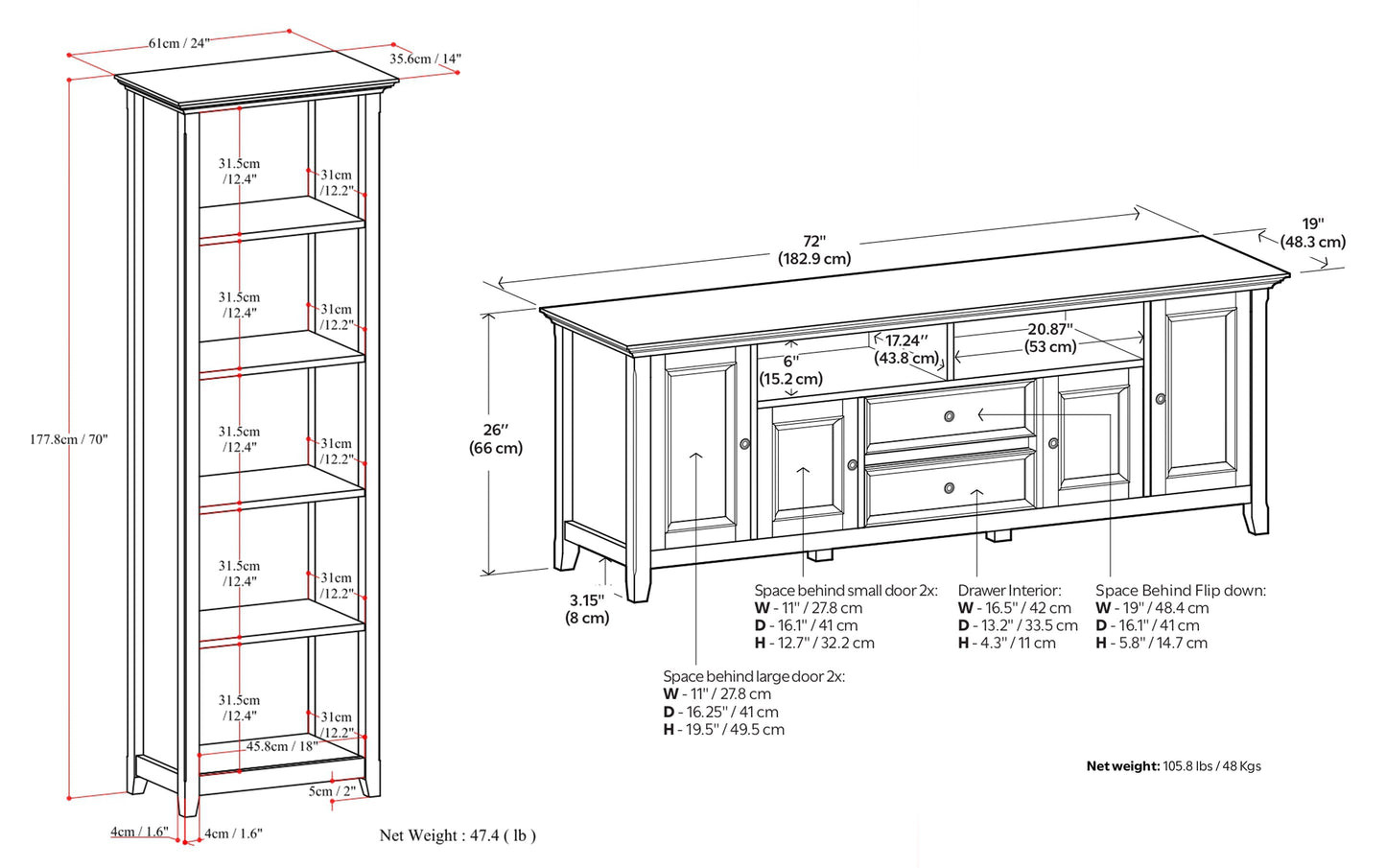 Black | Amherst 72 inch TV Stand with 24 inch 5 Shelf Bookcases (Set of 3)