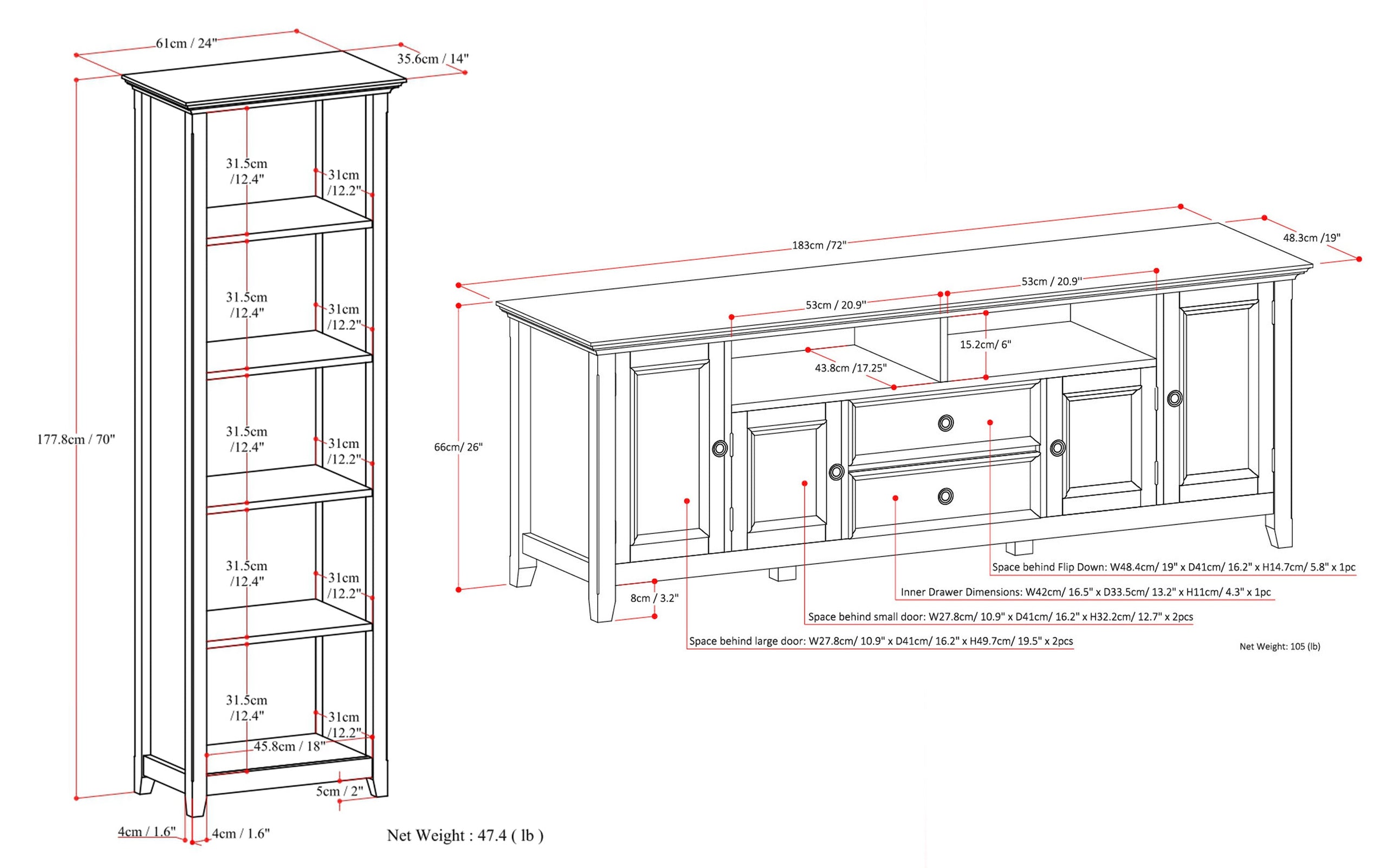 White | Amherst 72 inch TV Stand with 24 inch 5 Shelf Bookcases (Set of 3)