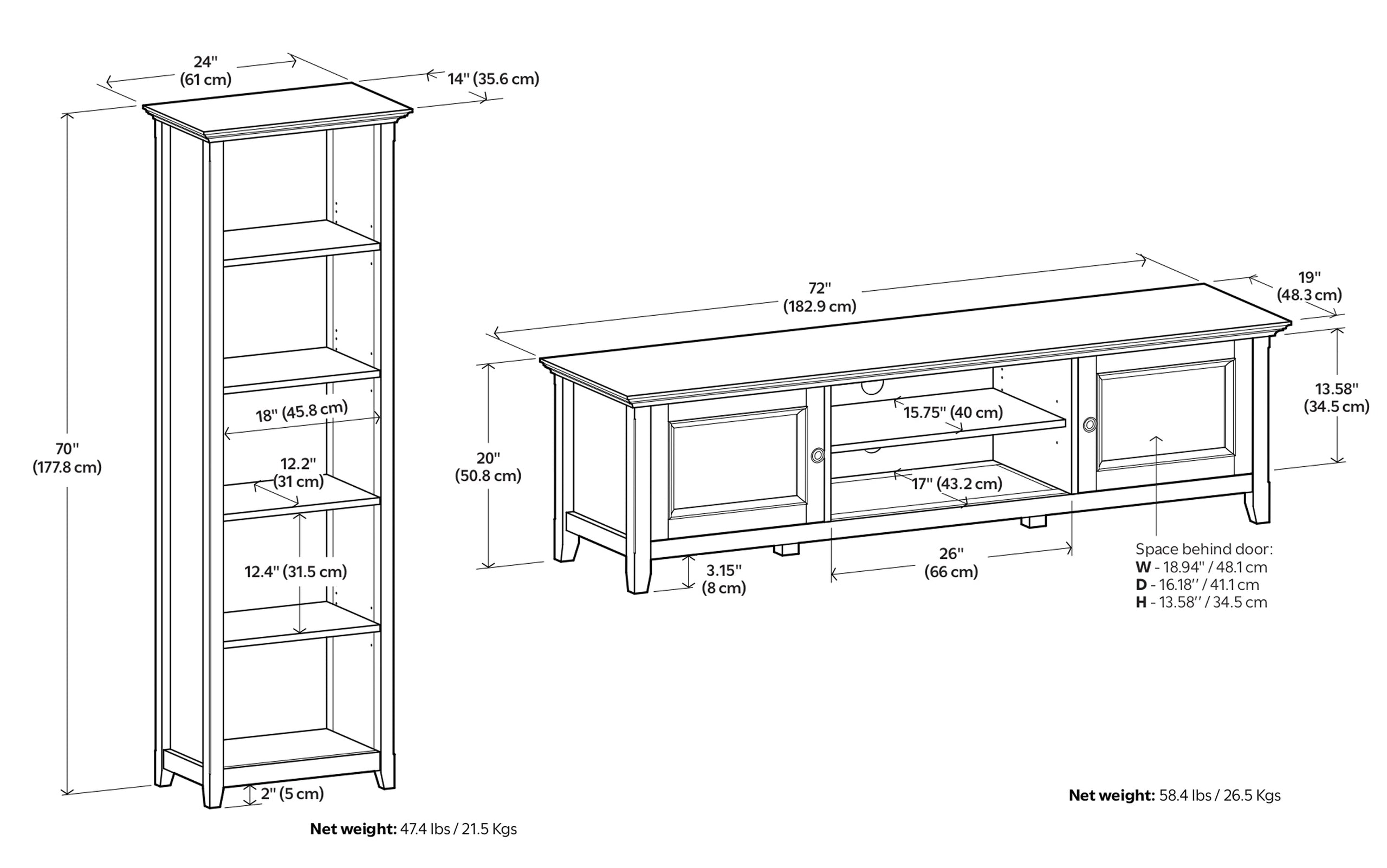 Amherst 72 inch Low TV Stand with 24 inch 5 Shelf Bookcases (Set of 3)