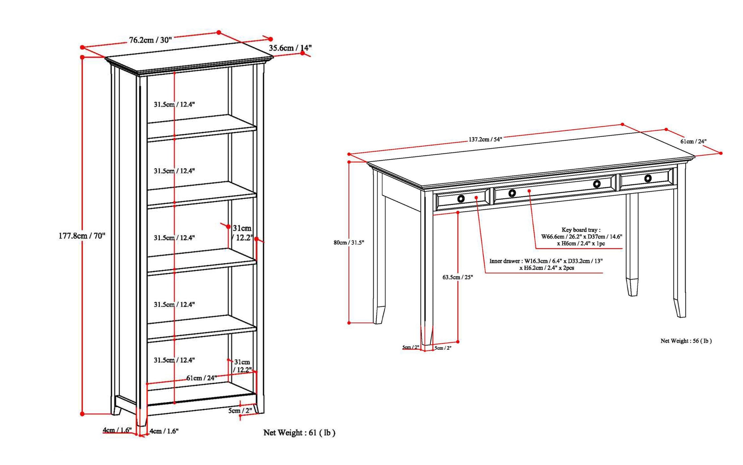 Russet Brown | Amherst 54 inch Desk and 30 inch Bookcase (Set of 2)