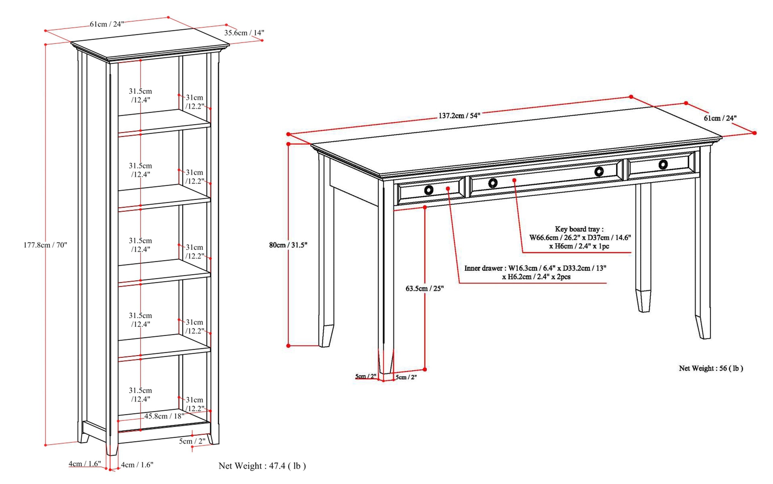 Hickory Brown | Amherst Solid Wood 54 inch Desk with 24 inch Bookcases (Set of 3)