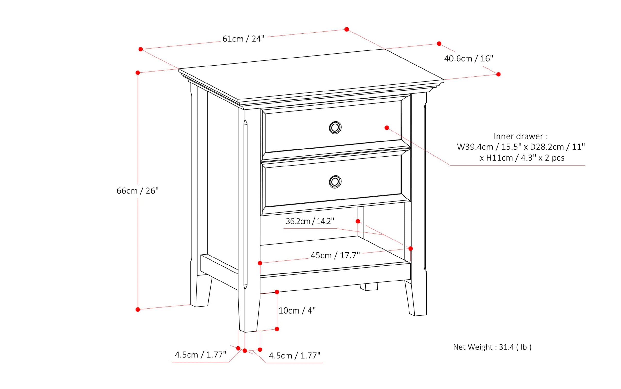 Russet Brown | Amherst 24 inch Bedside Table (Set of 2)