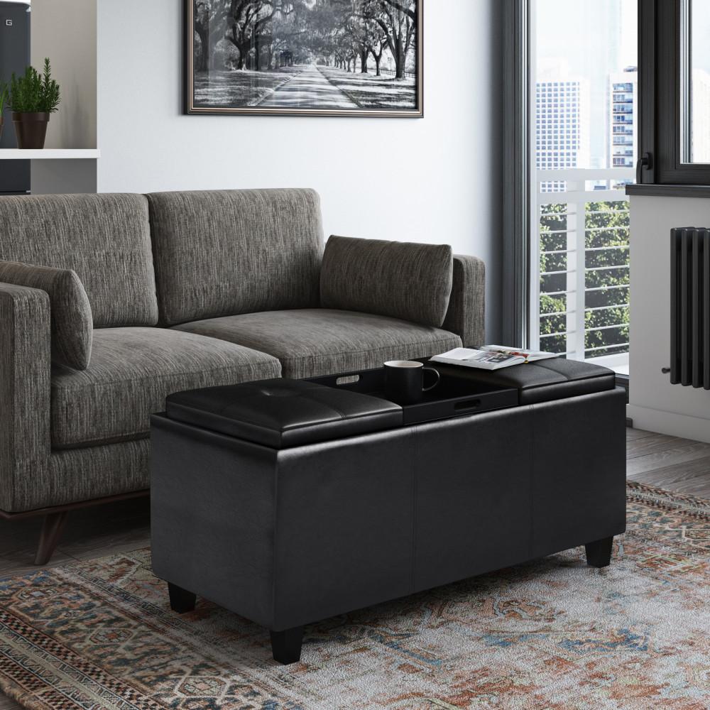 Midnight Black Vegan Leather | Avalon Tray Storage Ottoman with Lift Up Lids