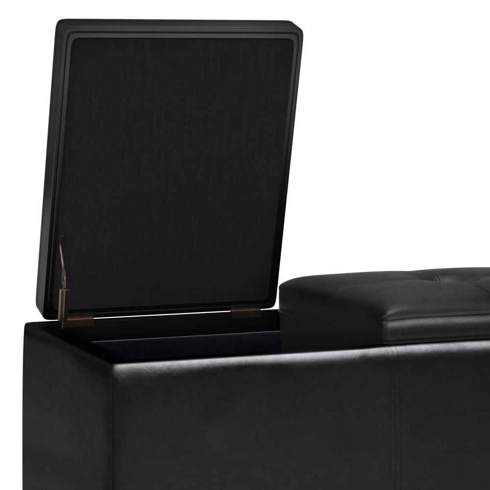 Midnight Black Vegan Leather | Avalon Tray Storage Ottoman with Lift Up Lids