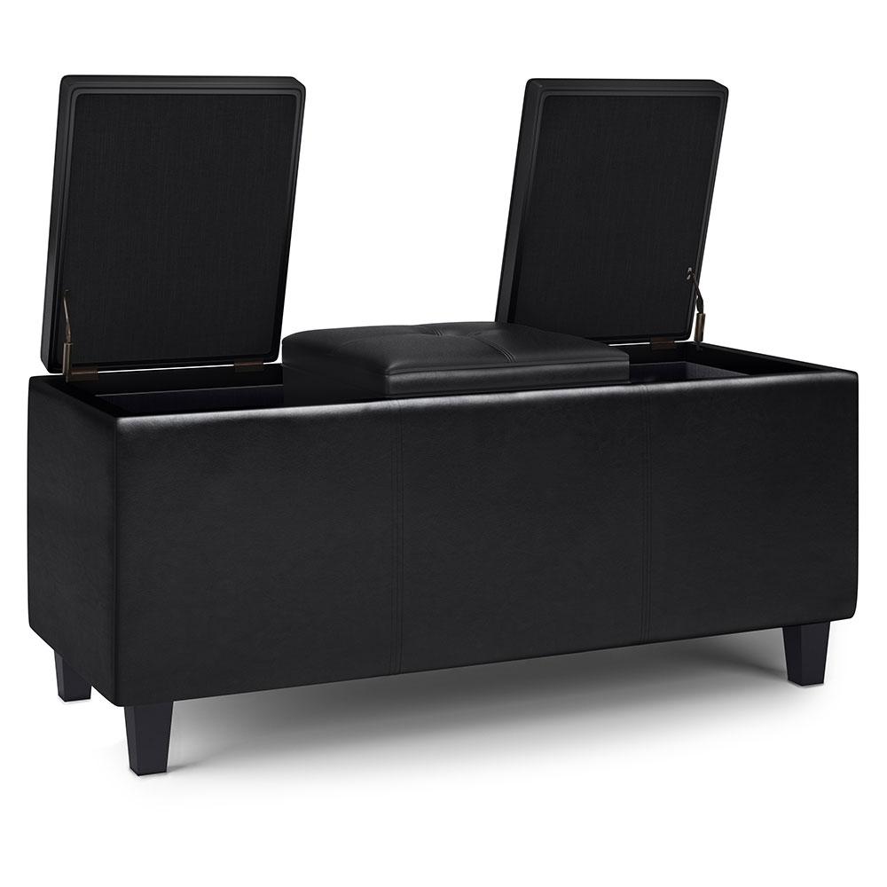 Midnight Black Vegan Leather | Avalon Tray Storage Ottoman with Lift Up Lids