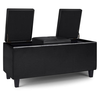 Midnight Black Vegan Leather | Avalon Tray Storage Ottoman with Lift Up Lids
