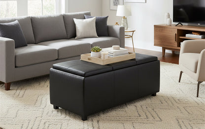 Distressed Black Distressed Vegan Leather | Avalon Linen Look Storage Ottoman with Three Trays