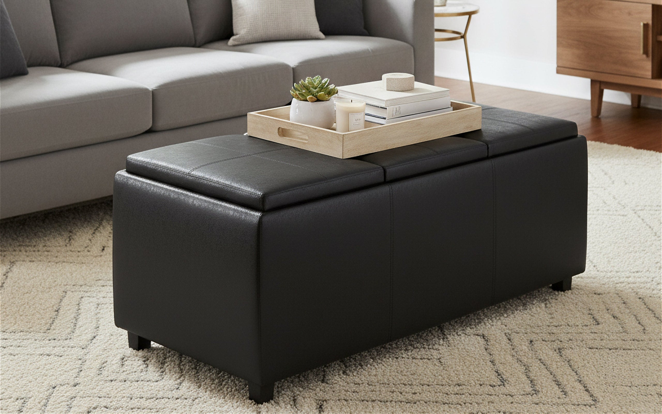 Distressed Black Distressed Vegan Leather | Avalon Linen Look Storage Ottoman with Three Trays