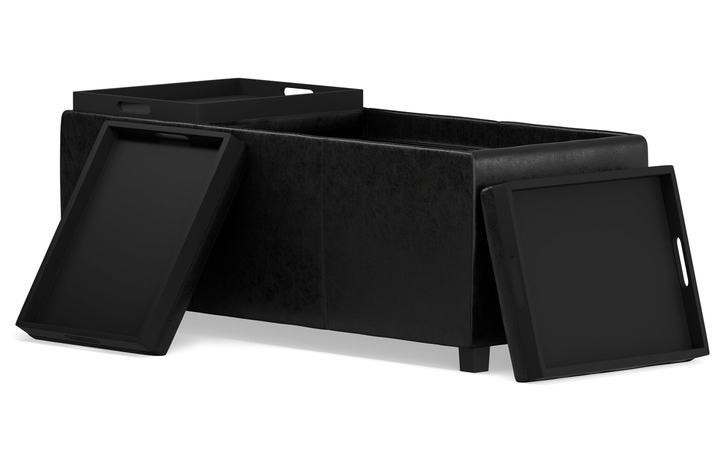 Distressed Black Distressed Vegan Leather | Avalon Linen Look Storage Ottoman with Three Trays