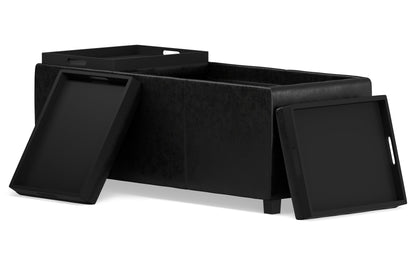 Distressed Black Distressed Vegan Leather | Avalon Linen Look Storage Ottoman with Three Trays