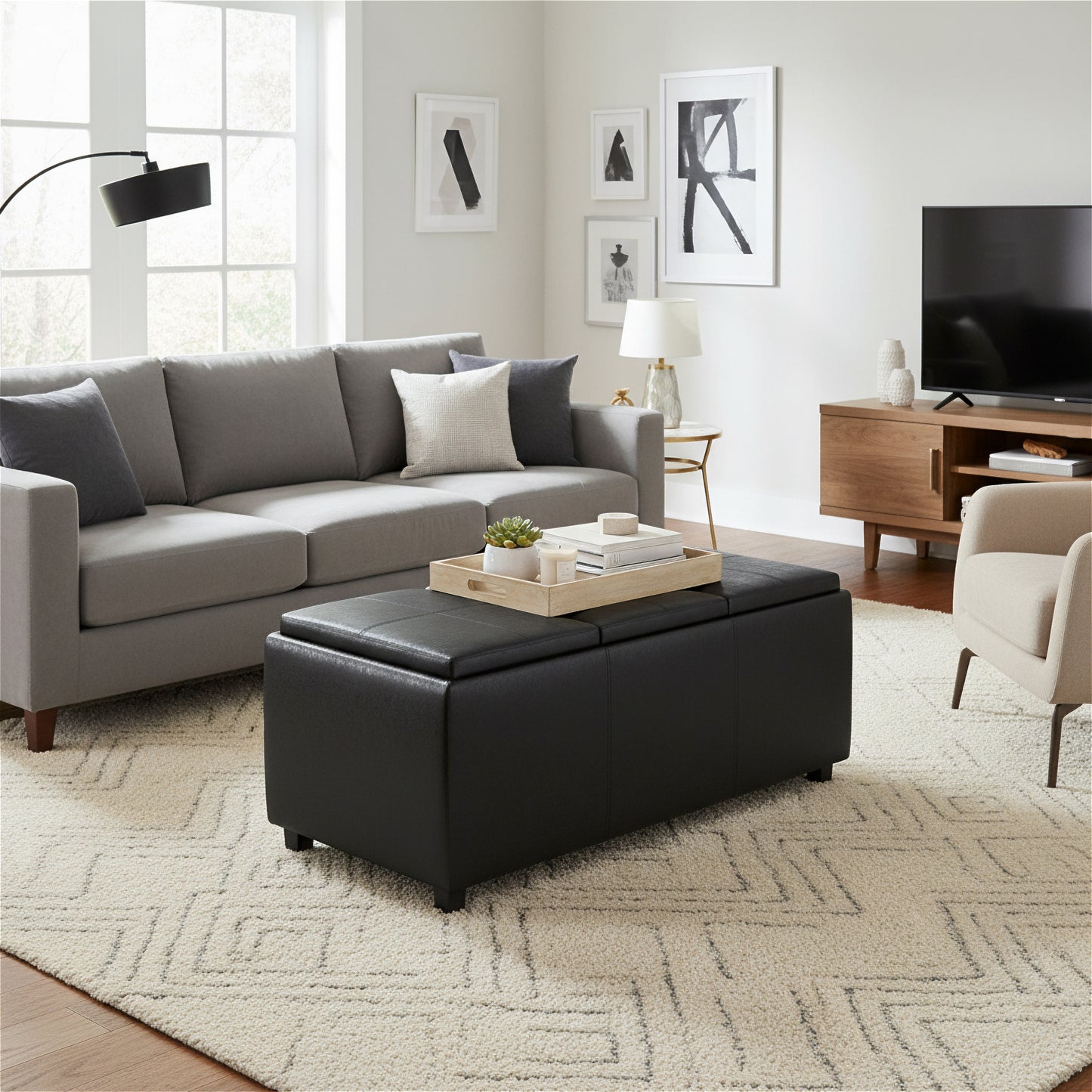 Distressed Black Distressed Vegan Leather | Avalon 3 Trays Ottoman in Distressed Vegan Leather
