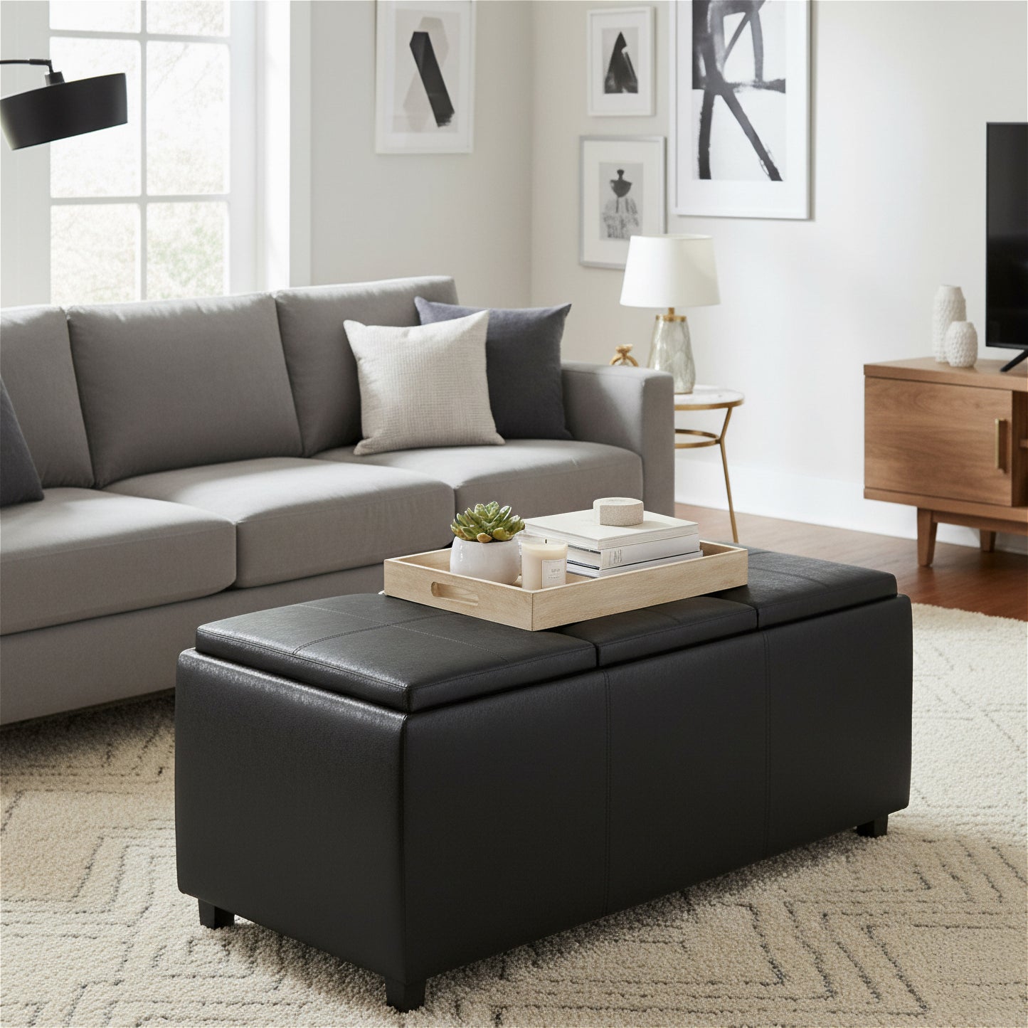 Distressed Black Distressed Vegan Leather | Avalon 3 Trays Ottoman in Distressed Vegan Leather