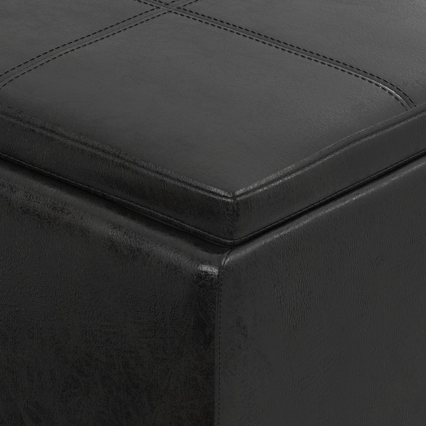 Distressed Black Distressed Vegan Leather | Avalon 3 Trays Ottoman in Distressed Vegan Leather