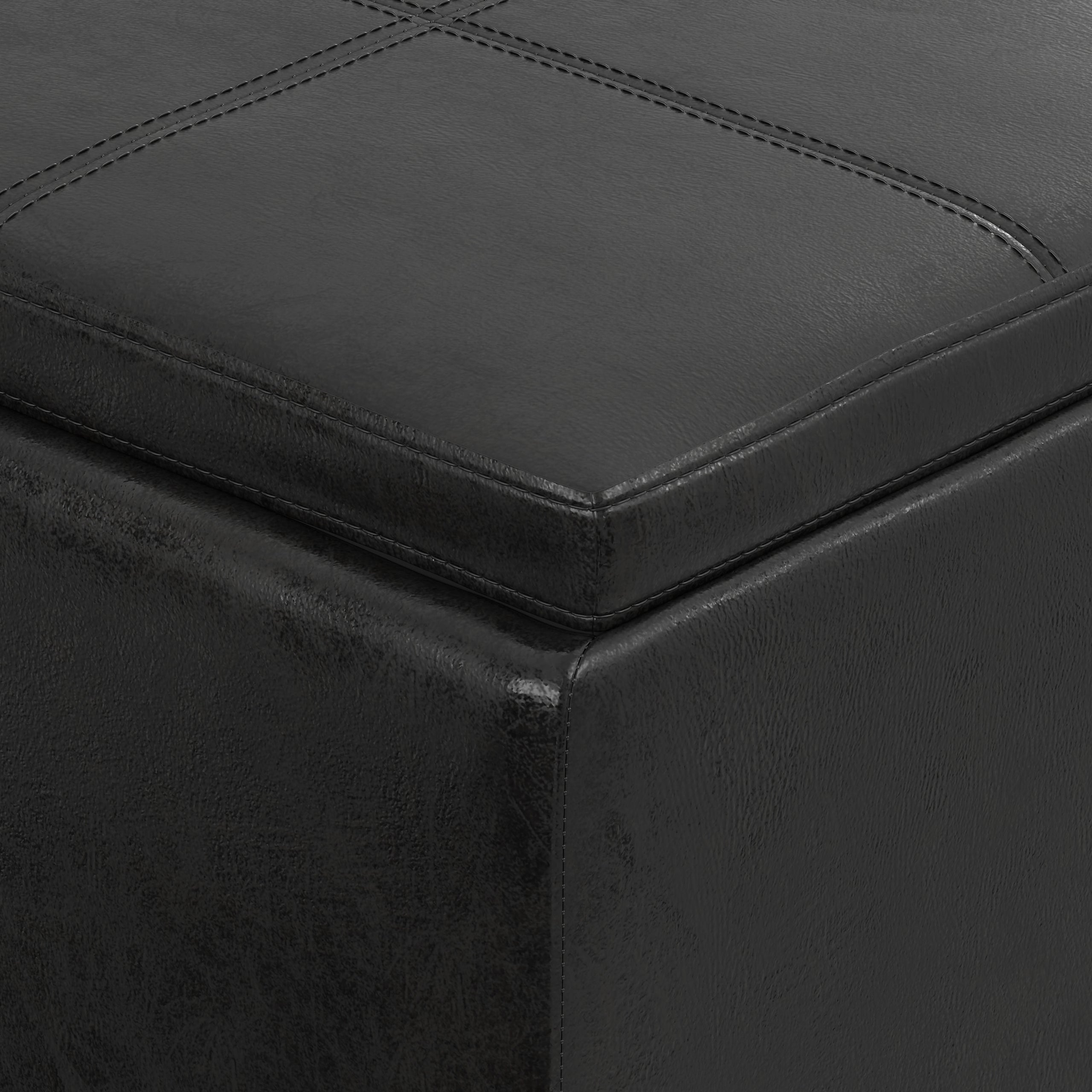Distressed Black Distressed Vegan Leather | Avalon 3 Trays Ottoman in Distressed Vegan Leather