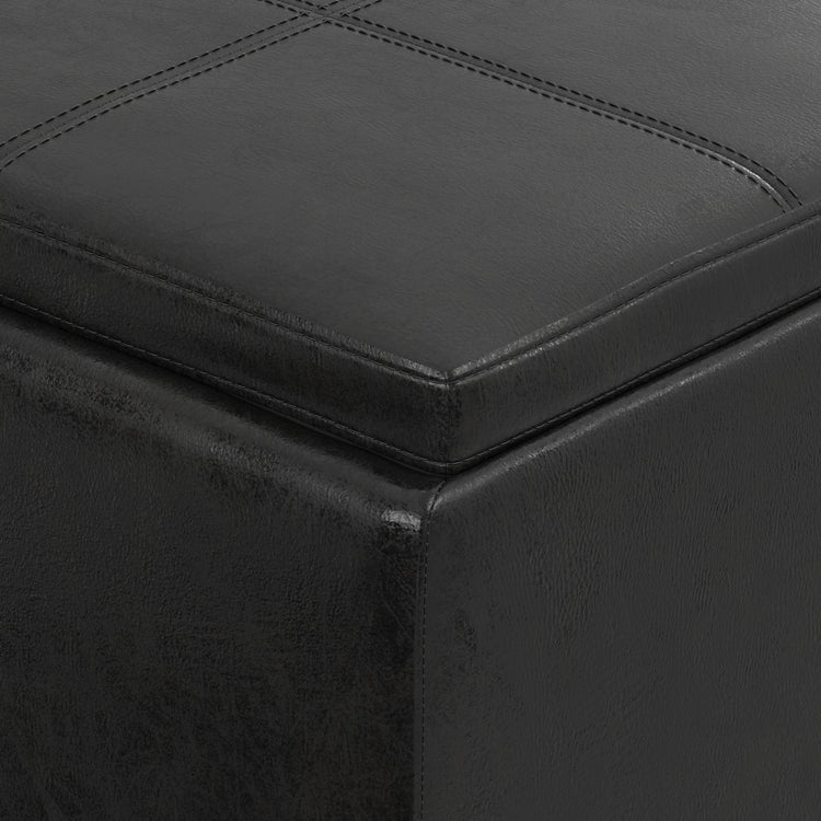 Distressed Black Distressed Vegan Leather | Avalon 3 Trays Ottoman in Distressed Vegan Leather