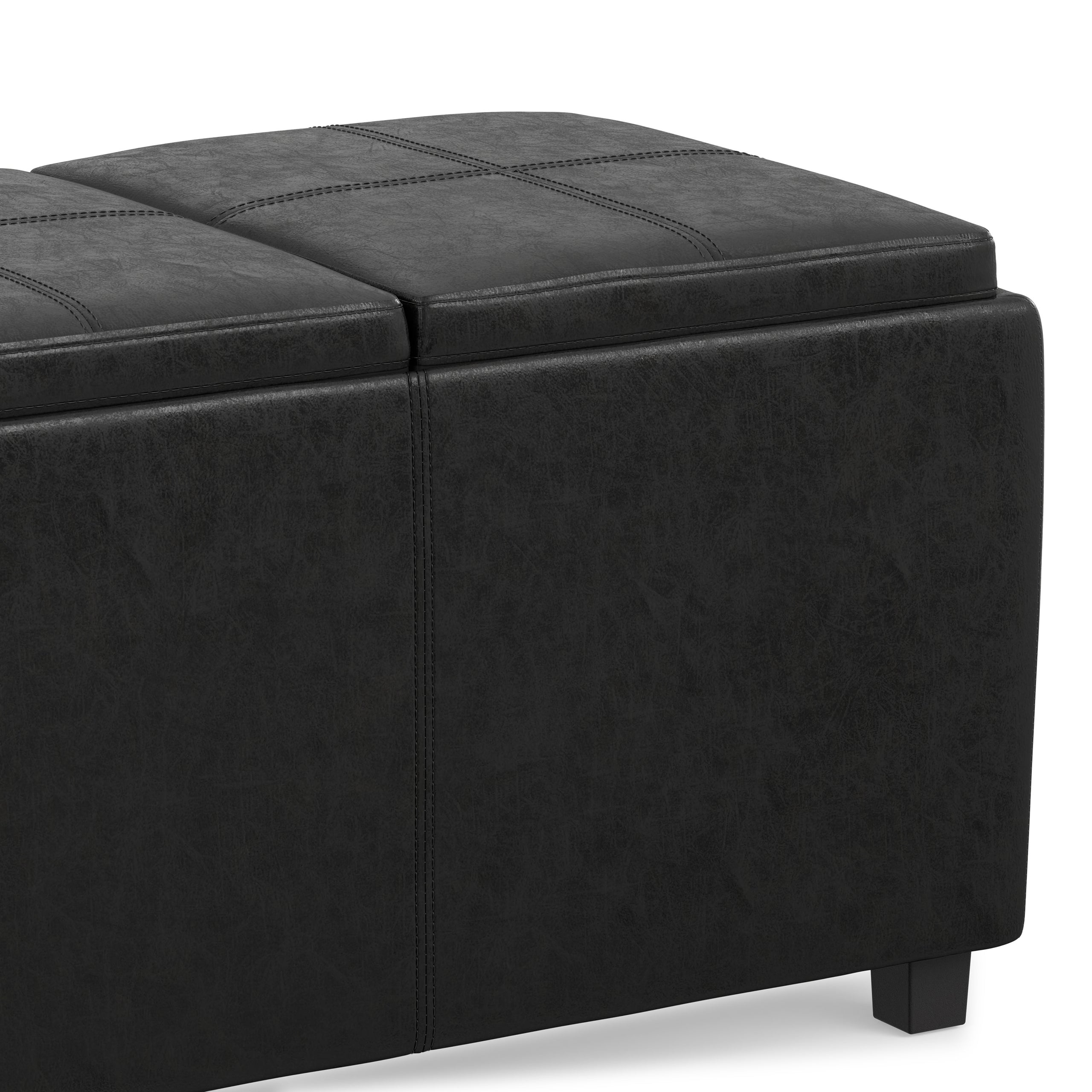 Distressed Black Distressed Vegan Leather | Avalon 3 Trays Ottoman in Distressed Vegan Leather