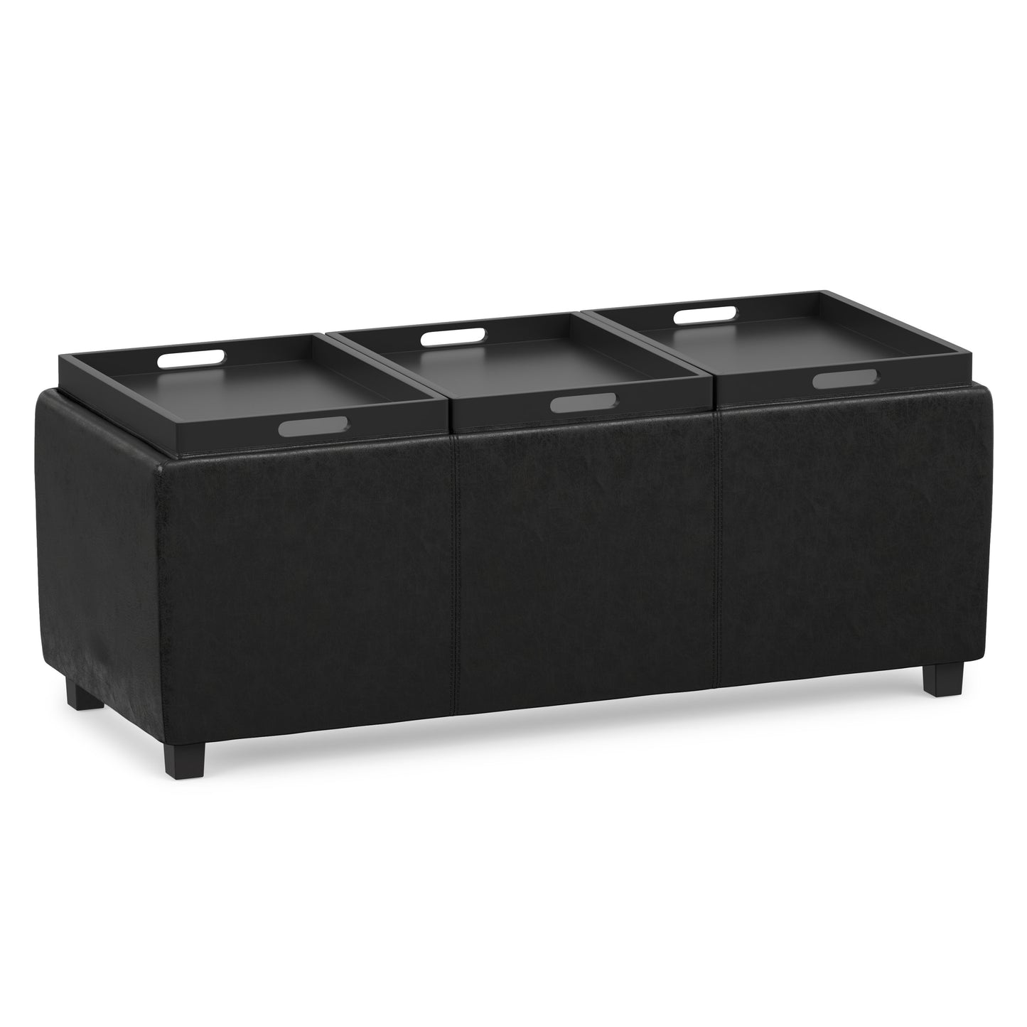 Distressed Black Distressed Vegan Leather | Avalon 3 Trays Ottoman in Distressed Vegan Leather