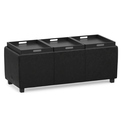Distressed Black Distressed Vegan Leather | Avalon 3 Trays Ottoman in Distressed Vegan Leather