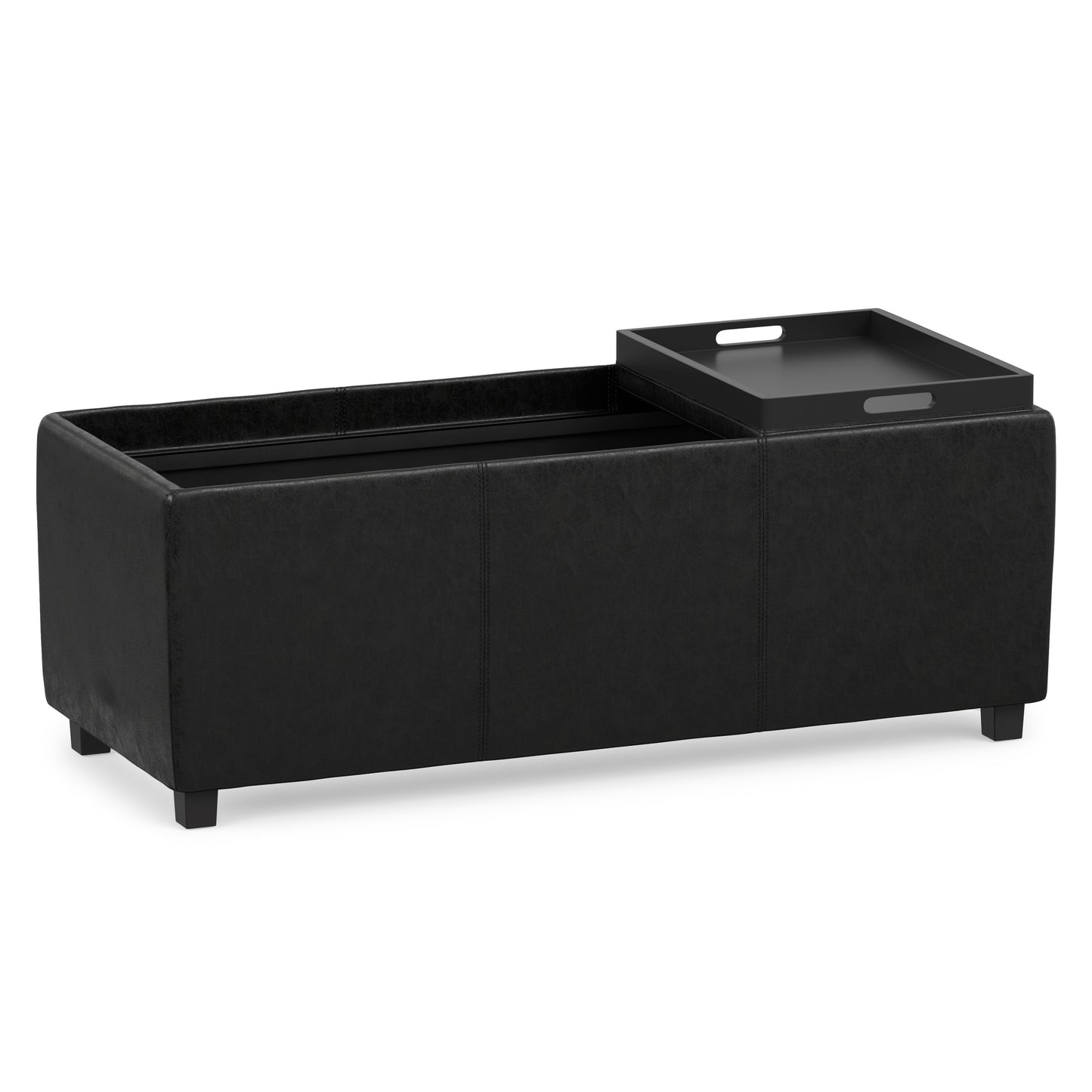 Distressed Black Distressed Vegan Leather | Avalon 3 Trays Ottoman in Distressed Vegan Leather