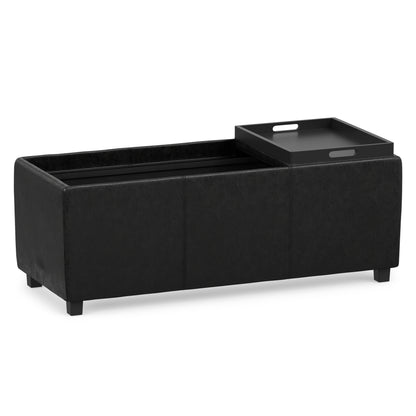 Distressed Black Distressed Vegan Leather | Avalon 3 Trays Ottoman in Distressed Vegan Leather