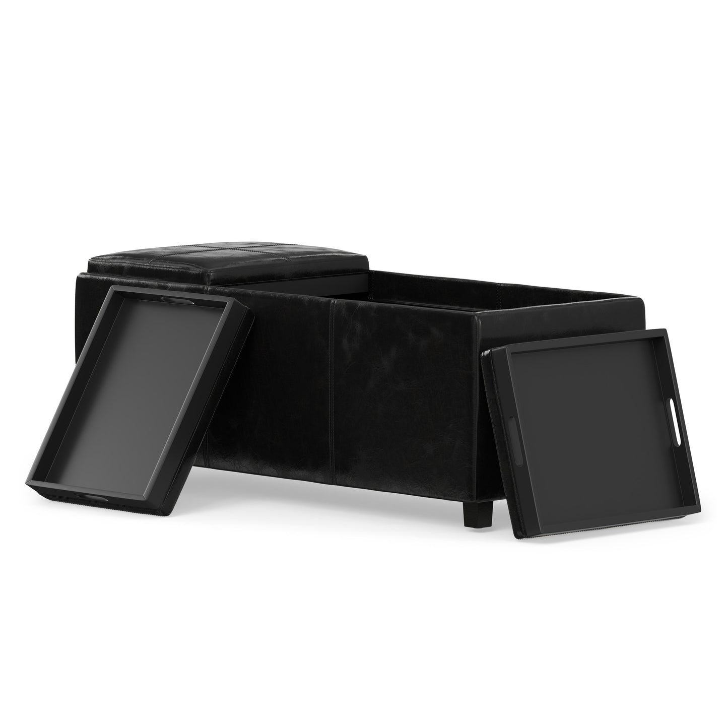 Distressed Black Distressed Vegan Leather | Avalon 3 Trays Ottoman in Distressed Vegan Leather
