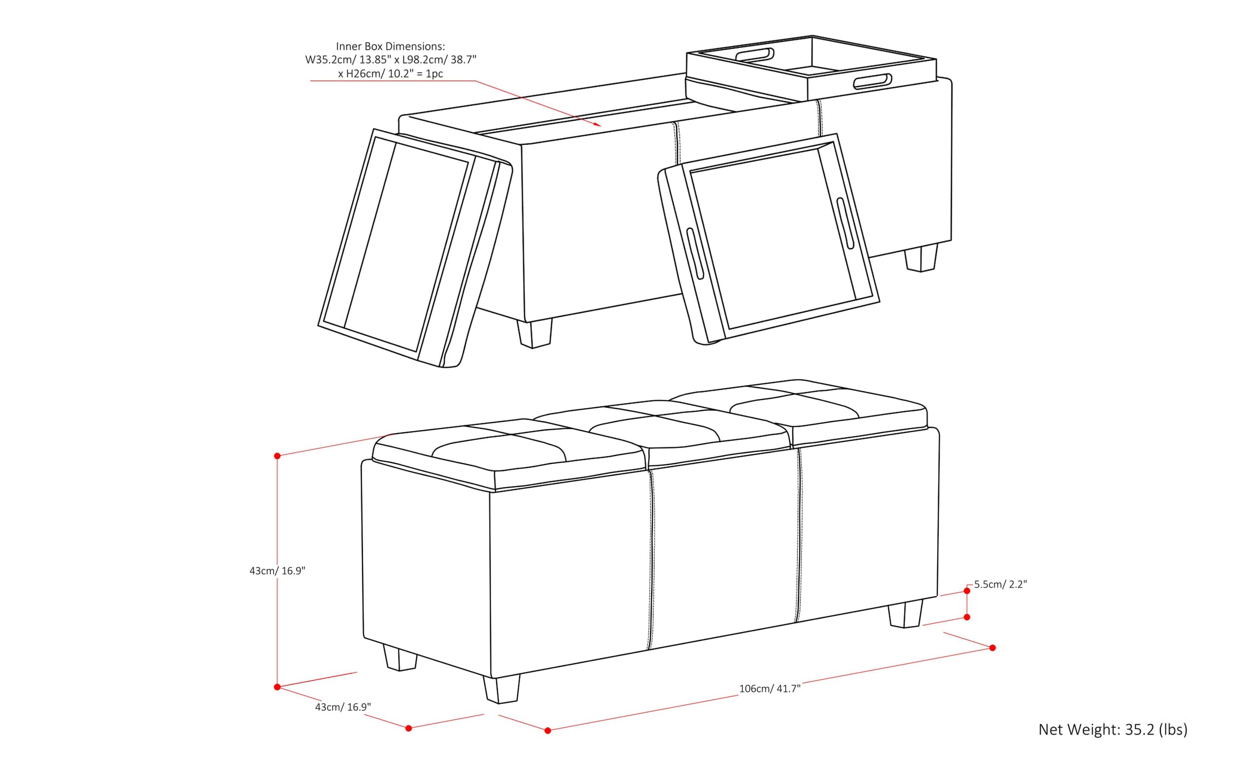 Distressed Brown Distressed Vegan Leather | Avalon Linen Look Storage Ottoman with Three Trays