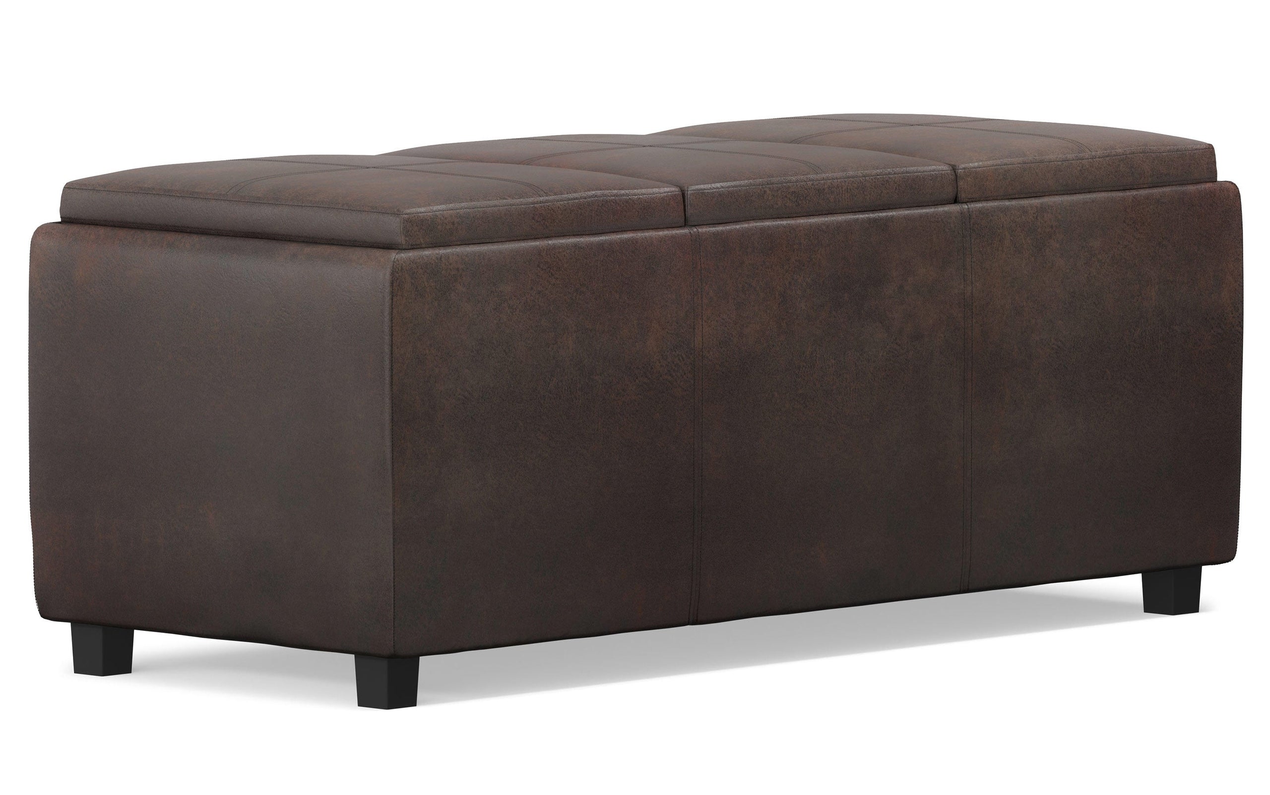 Distressed Brown Distressed Vegan Leather | Avalon Linen Look Storage Ottoman with Three Trays