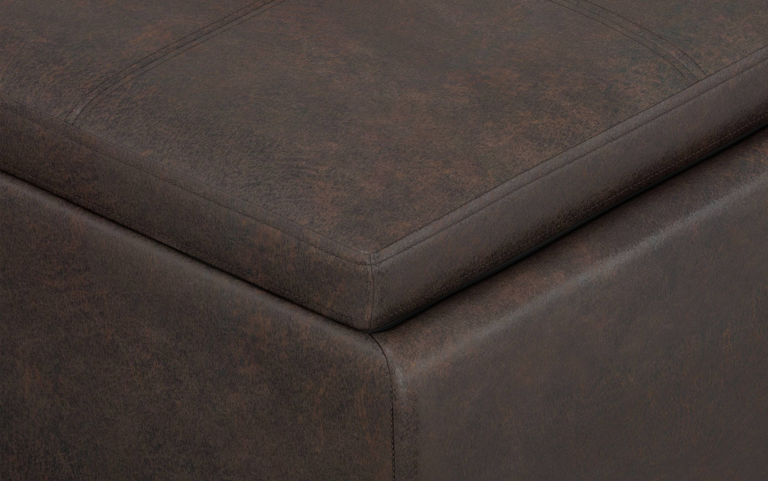 Distressed Brown Distressed Vegan Leather | Avalon Linen Look Storage Ottoman with Three Trays