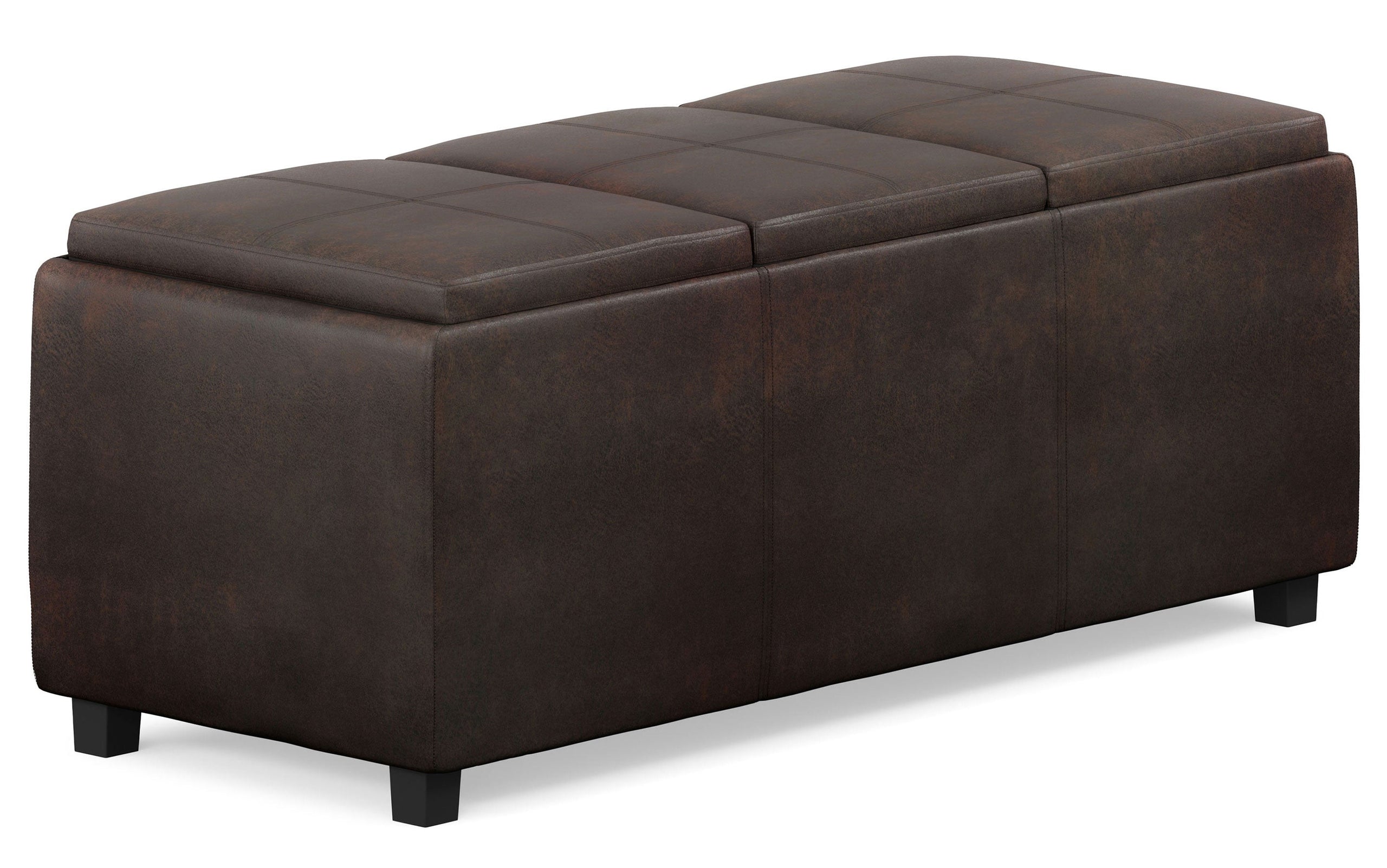Distressed Brown Distressed Vegan Leather | Avalon Linen Look Storage Ottoman with Three Trays