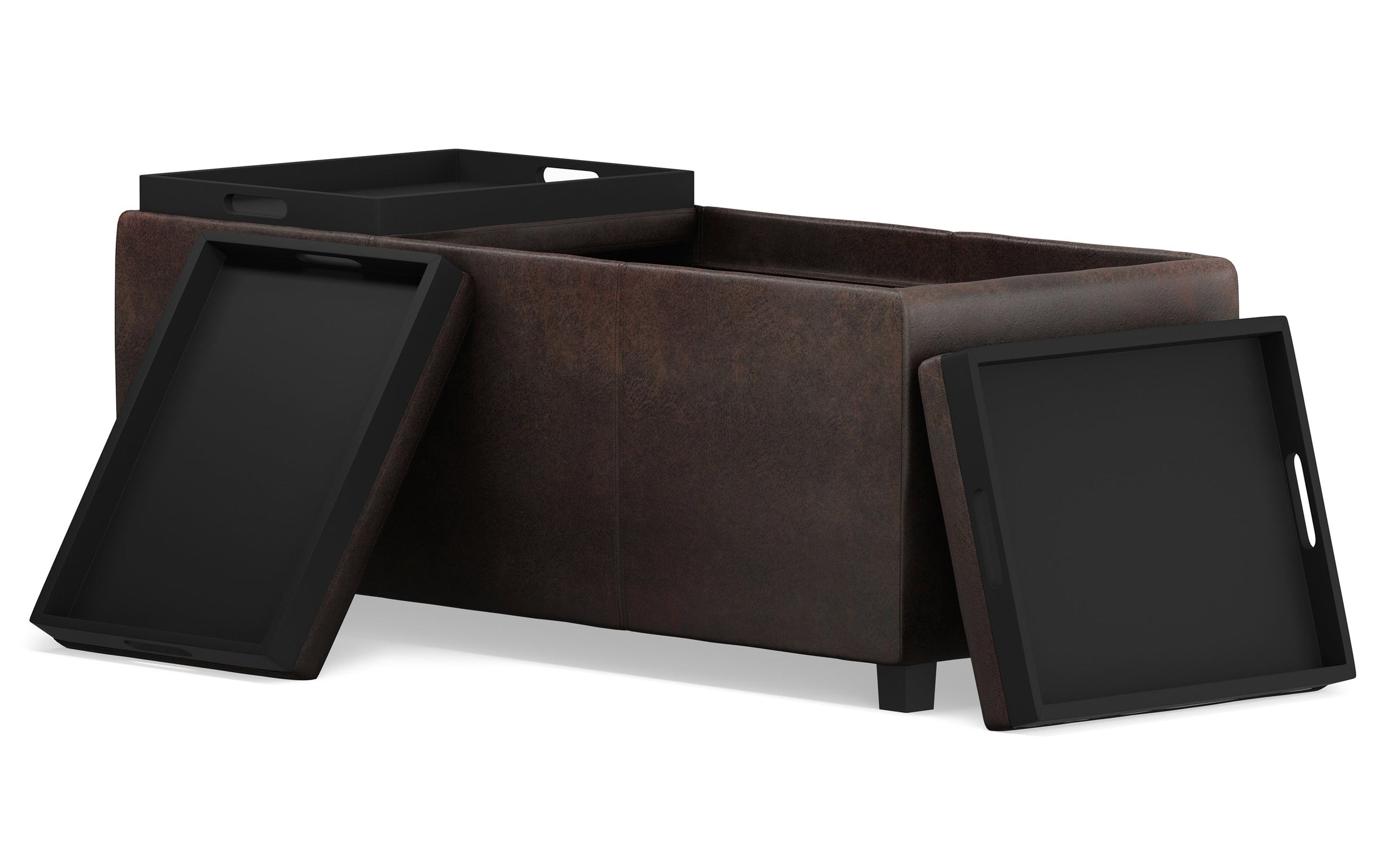 Distressed Brown Distressed Vegan Leather | Avalon Linen Look Storage Ottoman with Three Trays