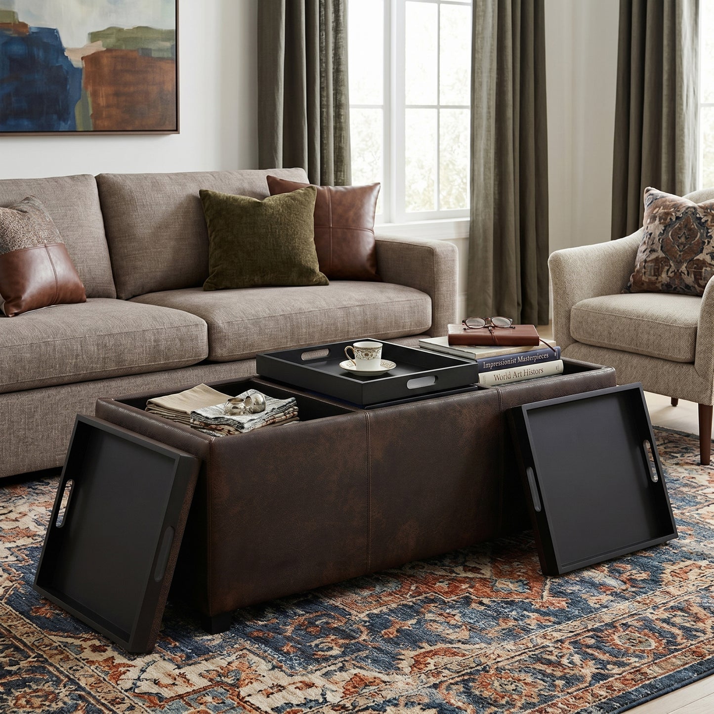 Distressed Brown Taupe Distressed Vegan Leather | Avalon 3 Trays Ottoman in Distressed Vegan Leather