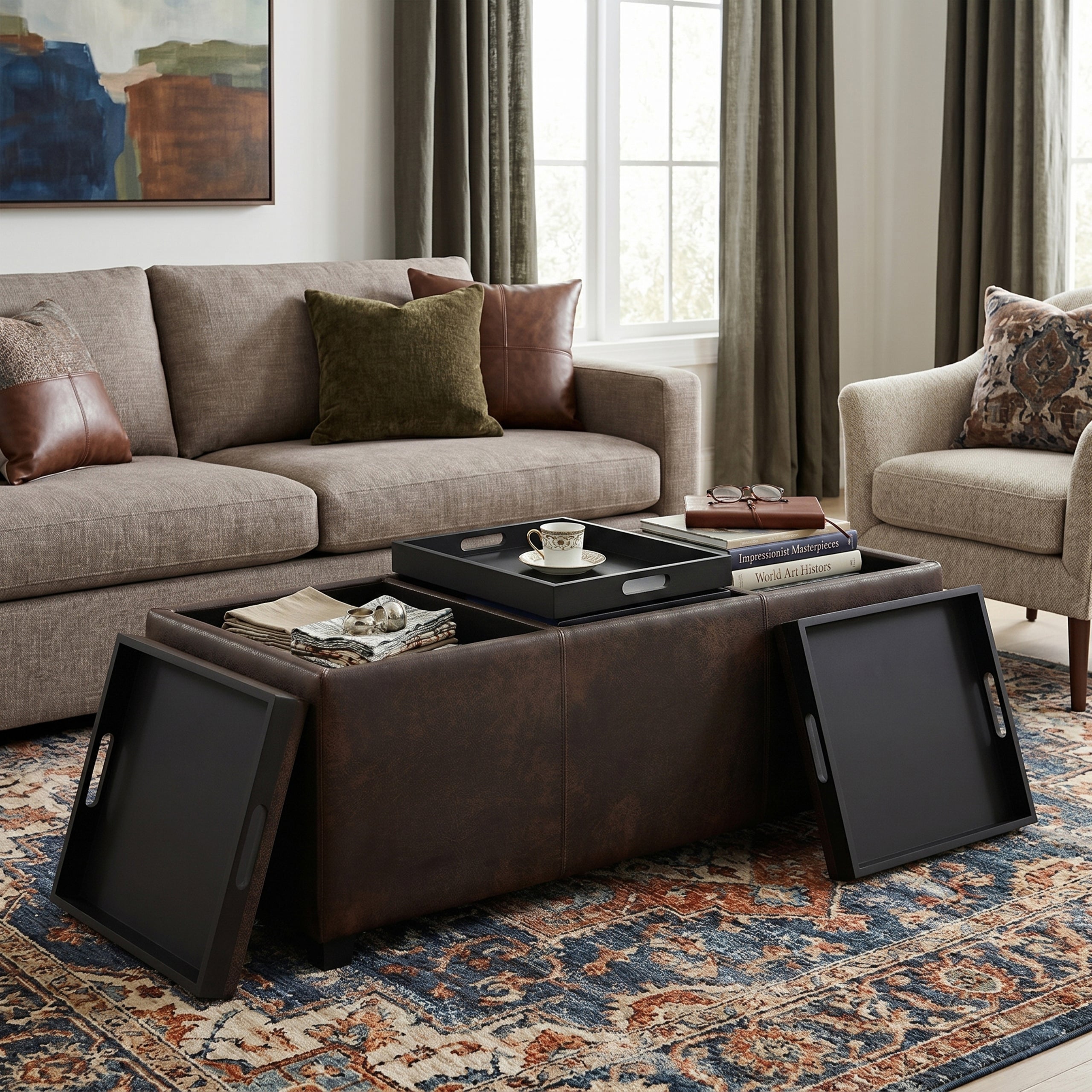 Distressed Brown Taupe Distressed Vegan Leather | Avalon 3 Trays Ottoman in Distressed Vegan Leather