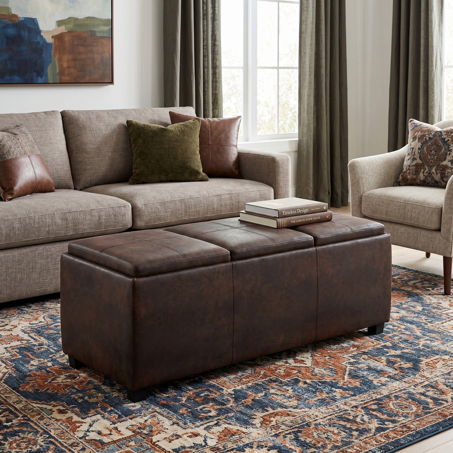 Distressed Brown Taupe Distressed Vegan Leather | Avalon 3 Trays Ottoman in Distressed Vegan Leather
