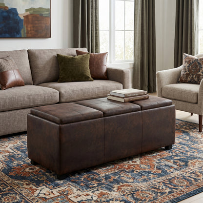 Distressed Brown Taupe Distressed Vegan Leather | Avalon 3 Trays Ottoman in Distressed Vegan Leather
