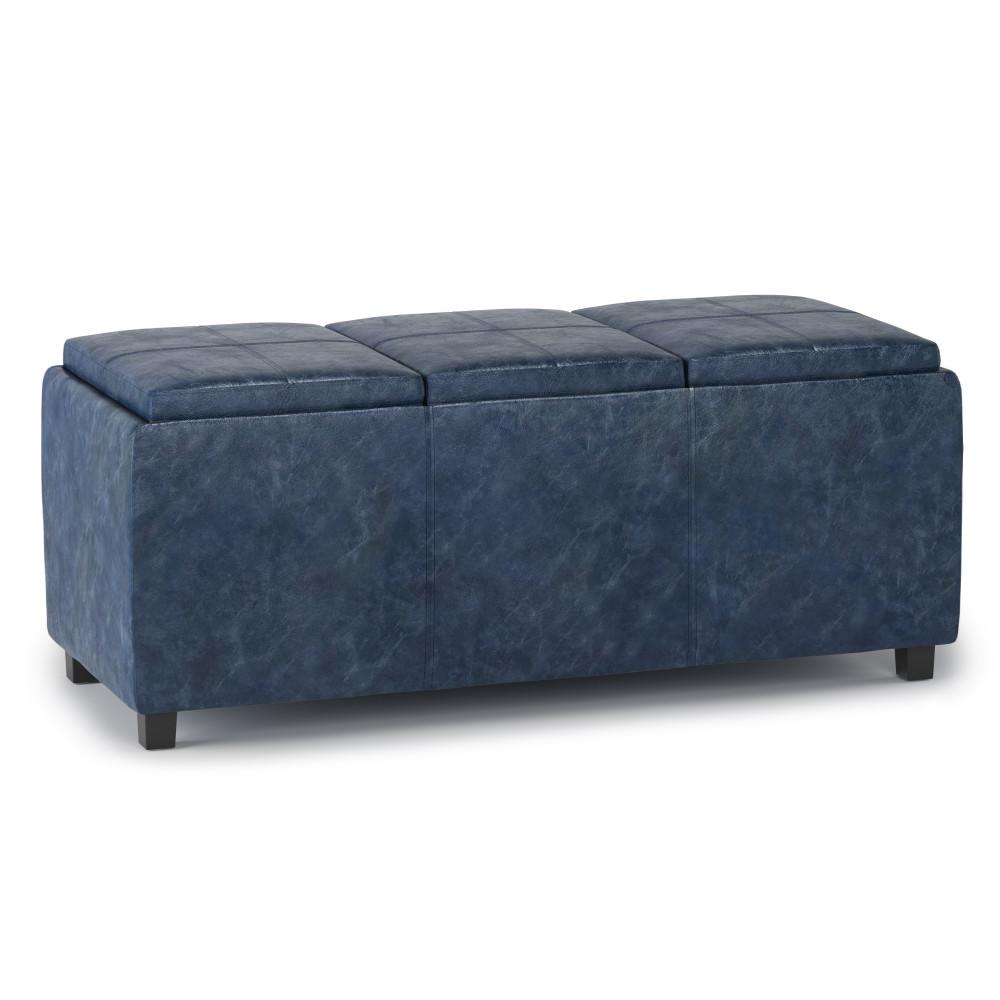 Denim Blue Vegan Leather | Avalon Linen Look Storage Ottoman with Three Trays