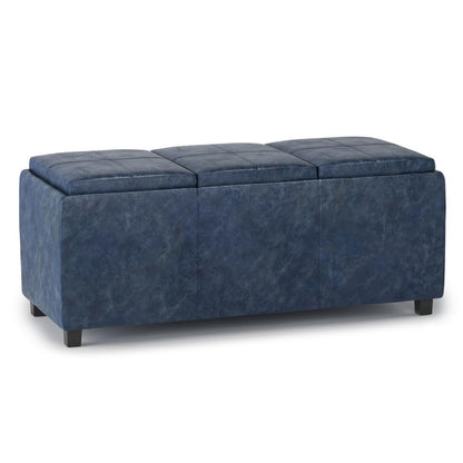 Denim Blue Vegan Leather | Avalon Linen Look Storage Ottoman with Three Trays