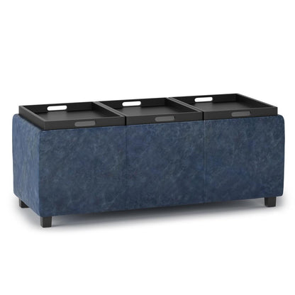 Denim Blue Vegan Leather | Avalon Linen Look Storage Ottoman with Three Trays